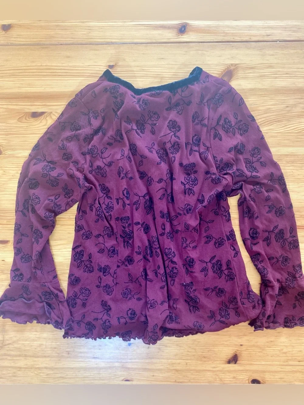 Vintage French Whimsigoth Rosette Ruffle Velvet V-Neck Top Burgundy Size Medium